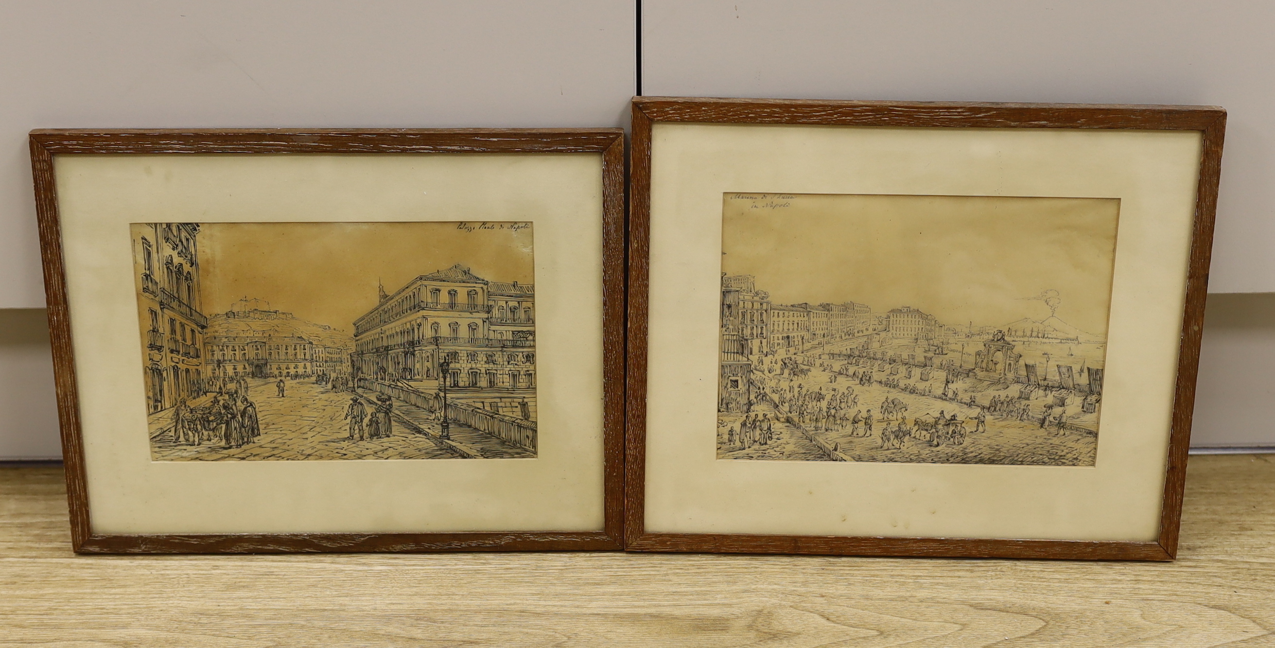 19th century Neapolitan School, two pen and ink drawings, Naples views, each inscribed, largest 17 x 24cm